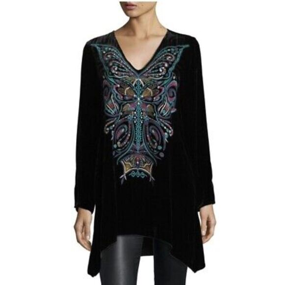 Johnny Was Aurelia Black Butterfly Embroidered Velvet V-Neck Tunic Top Size S - Picture 1 of 6